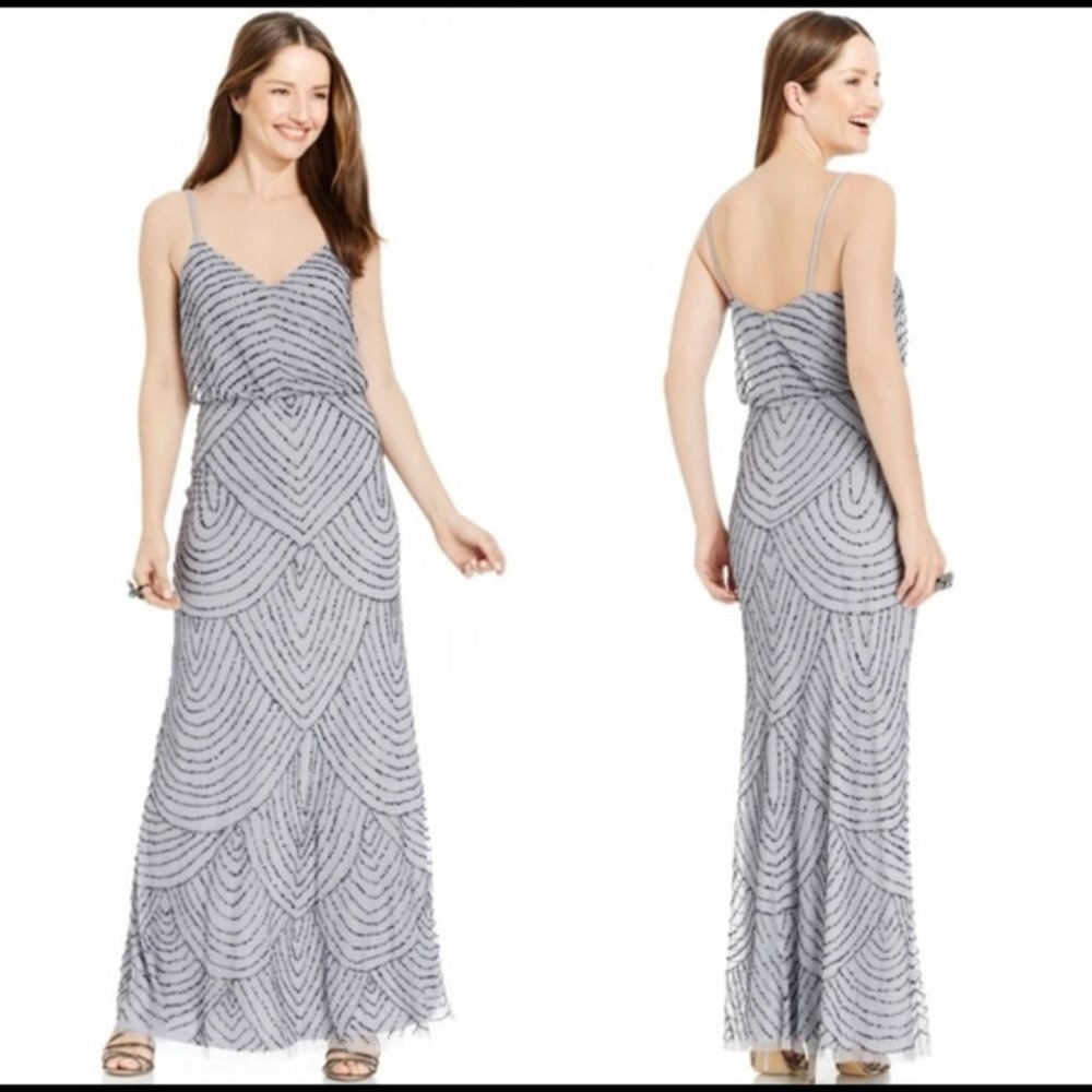 NWT Adrianna Papell Silver Art Deco Blouson Gown